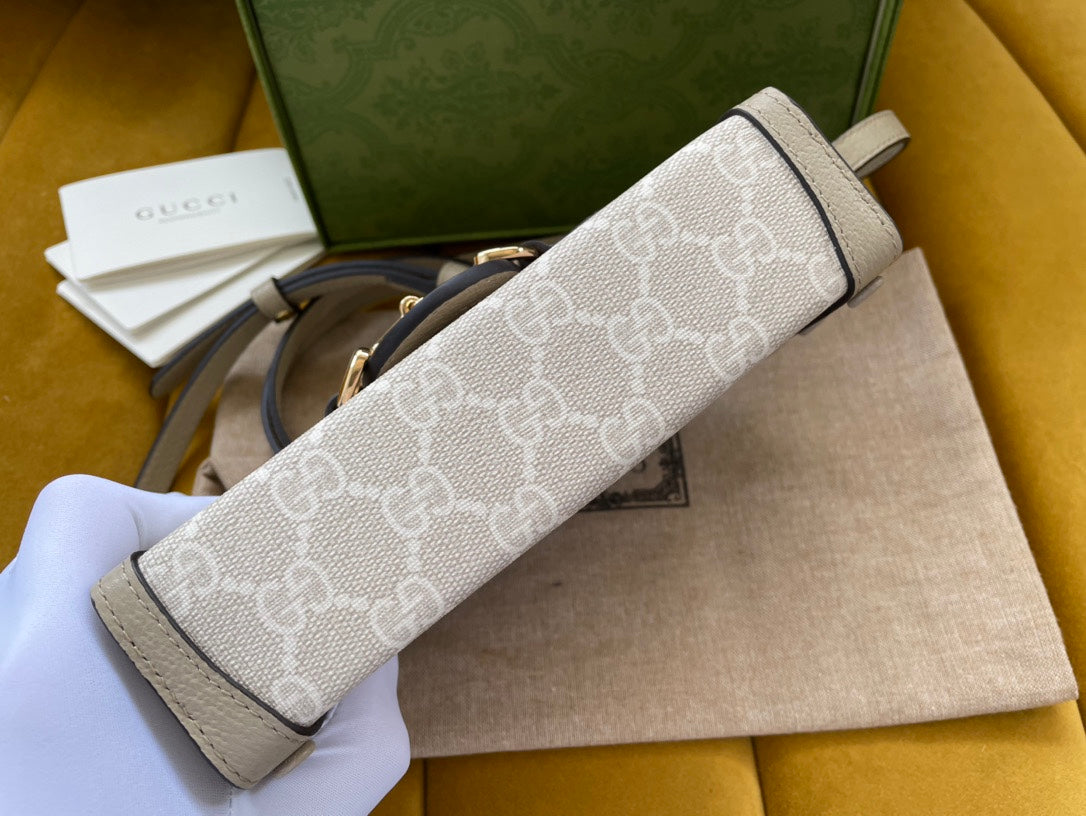 Gucci Horsebit 1955 Mini 18 Bag White Canvas and Beige Calfskin