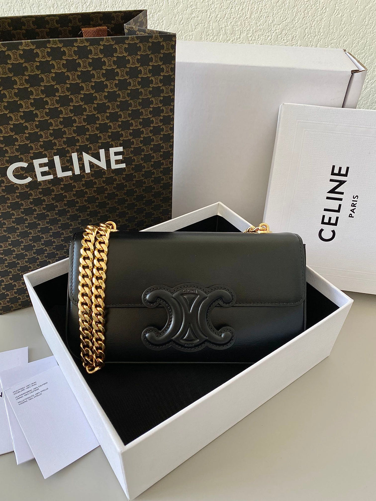 Celine 20 Chain Embossed Armpit Bag Black Calfskin