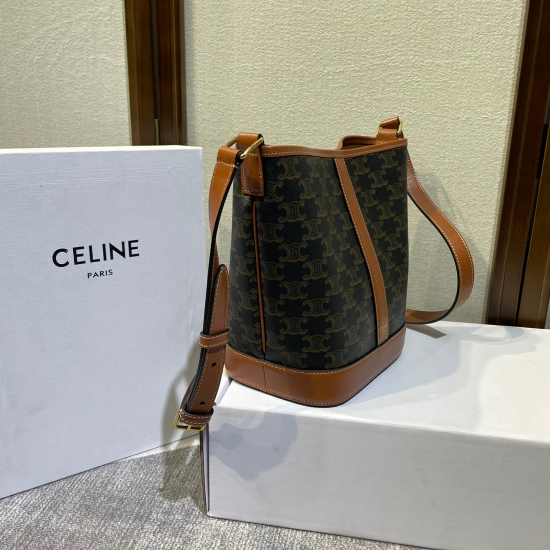 Celine Bucket 30 in Black Triomphe Canvas and Red Brown Calfskin Trim