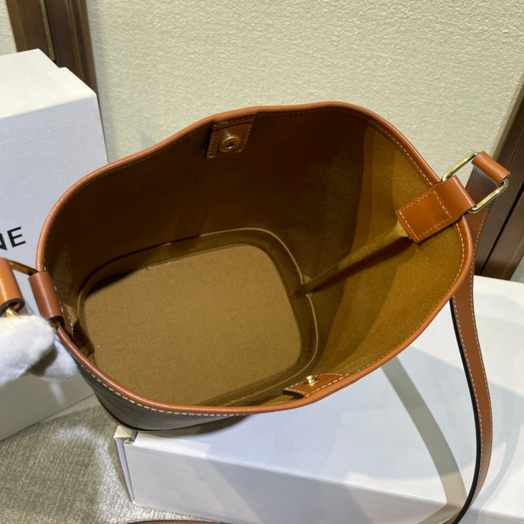 Celine Bucket 30 in Black Triomphe Canvas and Red Brown Calfskin Trim