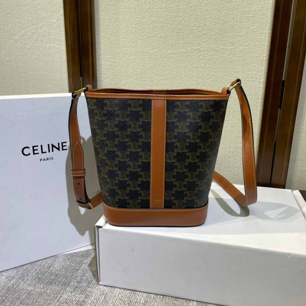 Celine Bucket 30 in Black Triomphe Canvas and Red Brown Calfskin Trim