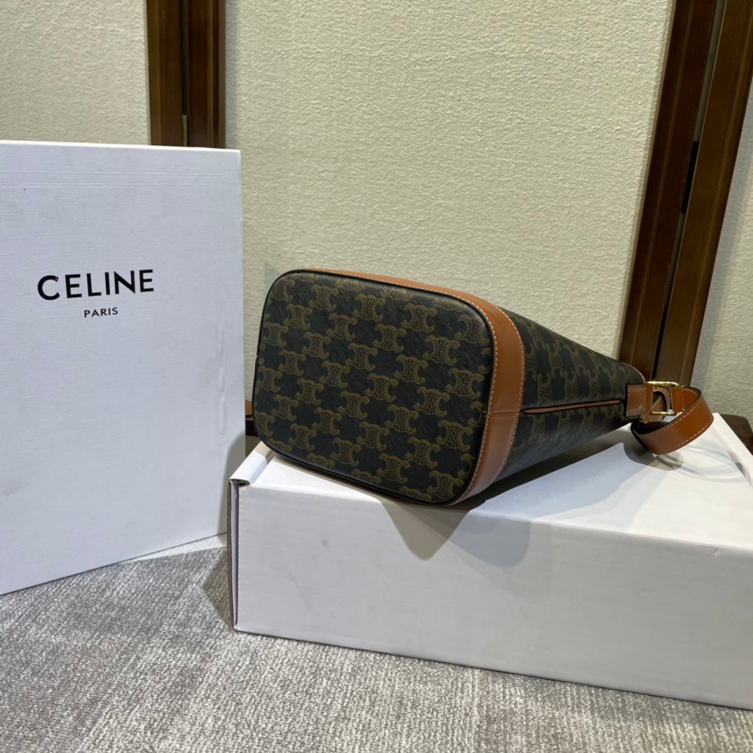 Celine Bucket 30 in Black Triomphe Canvas and Red Brown Calfskin Trim