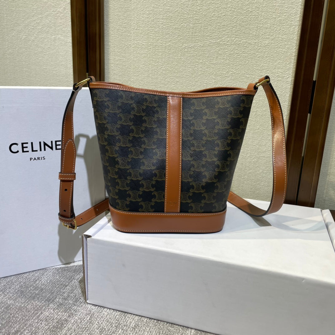 Celine Bucket 30 in Black Triomphe Canvas and Red Brown Calfskin Trim