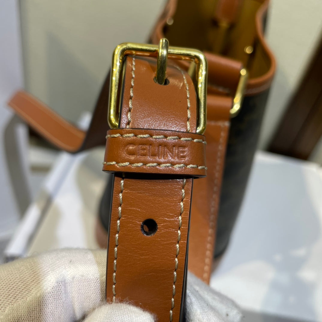Celine Bucket 30 in Black Triomphe Canvas and Red Brown Calfskin Trim