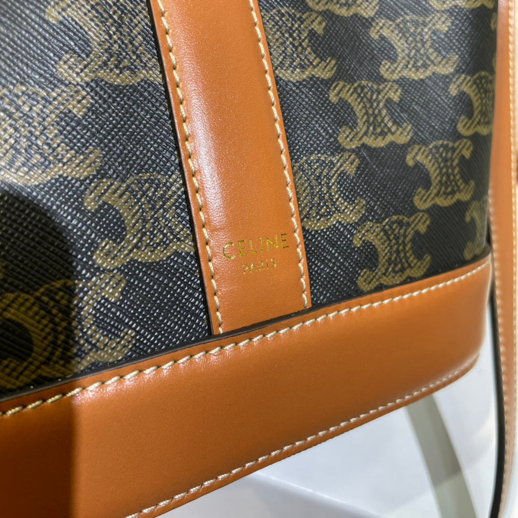 Celine Bucket 30 in Black Triomphe Canvas and Red Brown Calfskin Trim