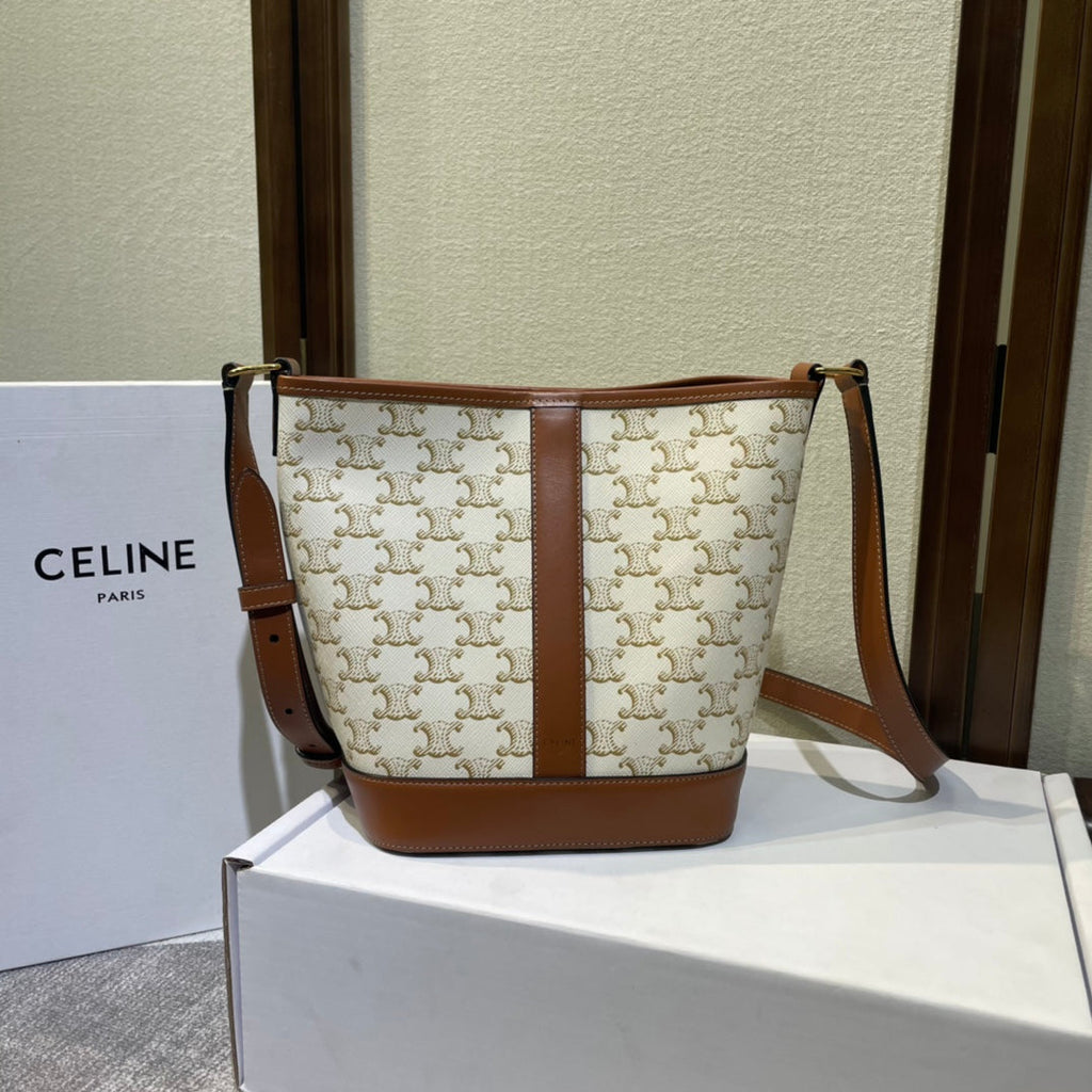 Celine Bucket 30 in White Triomphe Canvas and Red Brown Calfskin Trim