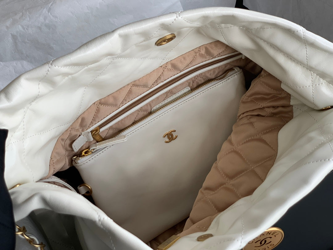 Chanel Large 42 Handbag in White Shiny Calfskin Gold Hardware