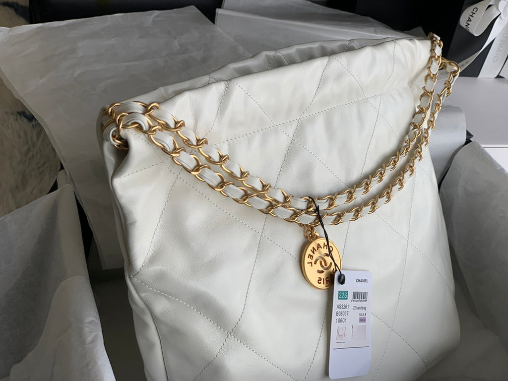 Chanel Large 42 Handbag in White Shiny Calfskin Gold Hardware