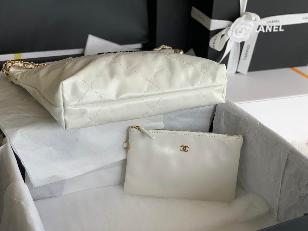 Chanel Medium 37 Handbag in White Shiny Calfskin Gold Hardware