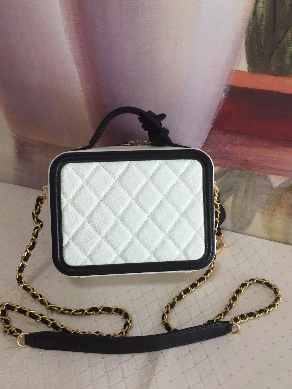 Chanel Mini 17 Vanity Case in Black Mix White Calfskin Gold Hardware