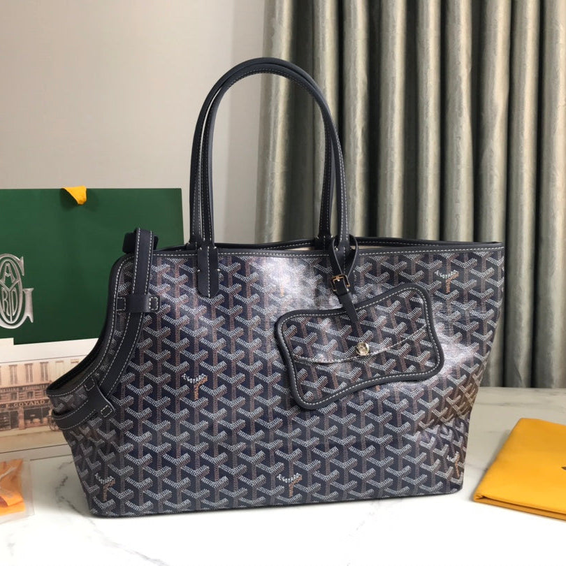 Goyard Chien Gris Bag 33 in Navy Blue Goyardine Canvas and Tan Calfskin Trim