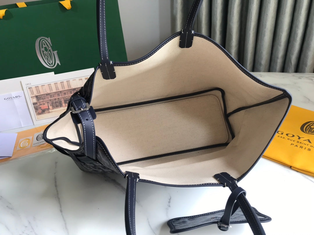 Goyard Chien Gris Bag 33 in Navy Blue Goyardine Canvas and Tan Calfskin Trim