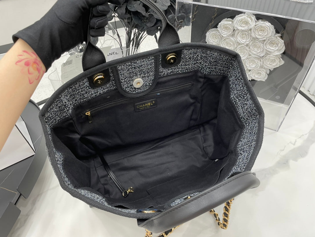 Chanel Deauville Large 38 Tote Bag in Black Canvas Gold Hardware