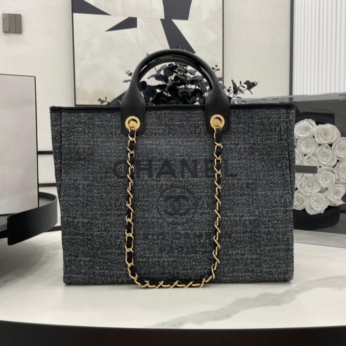 Chanel Deauville Large 38 Tote Bag in Black Canvas Gold Hardware