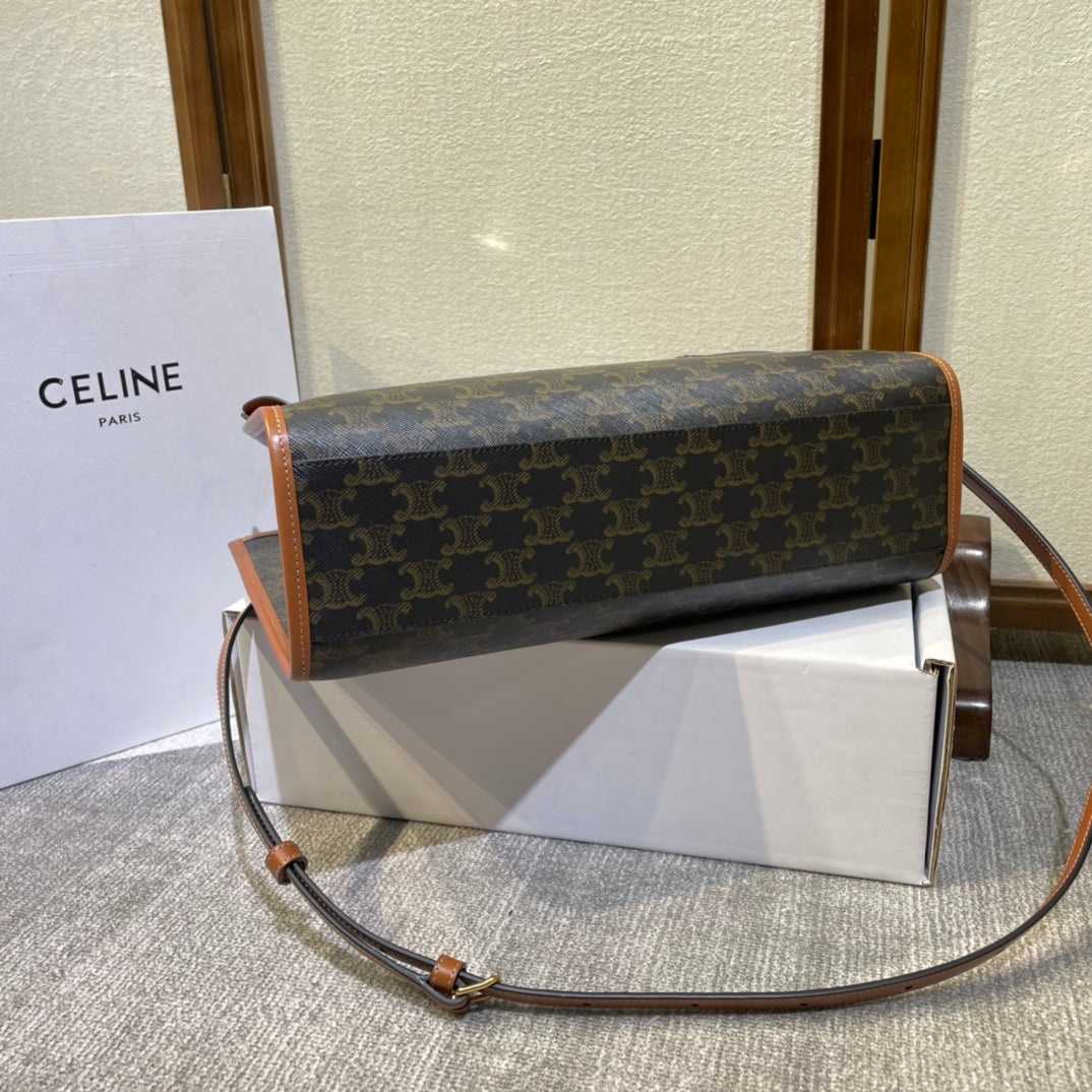 Celine 25S Horizontal Cabas 34mm in Black Triomphe Canvas and Brown Calfskin Bag