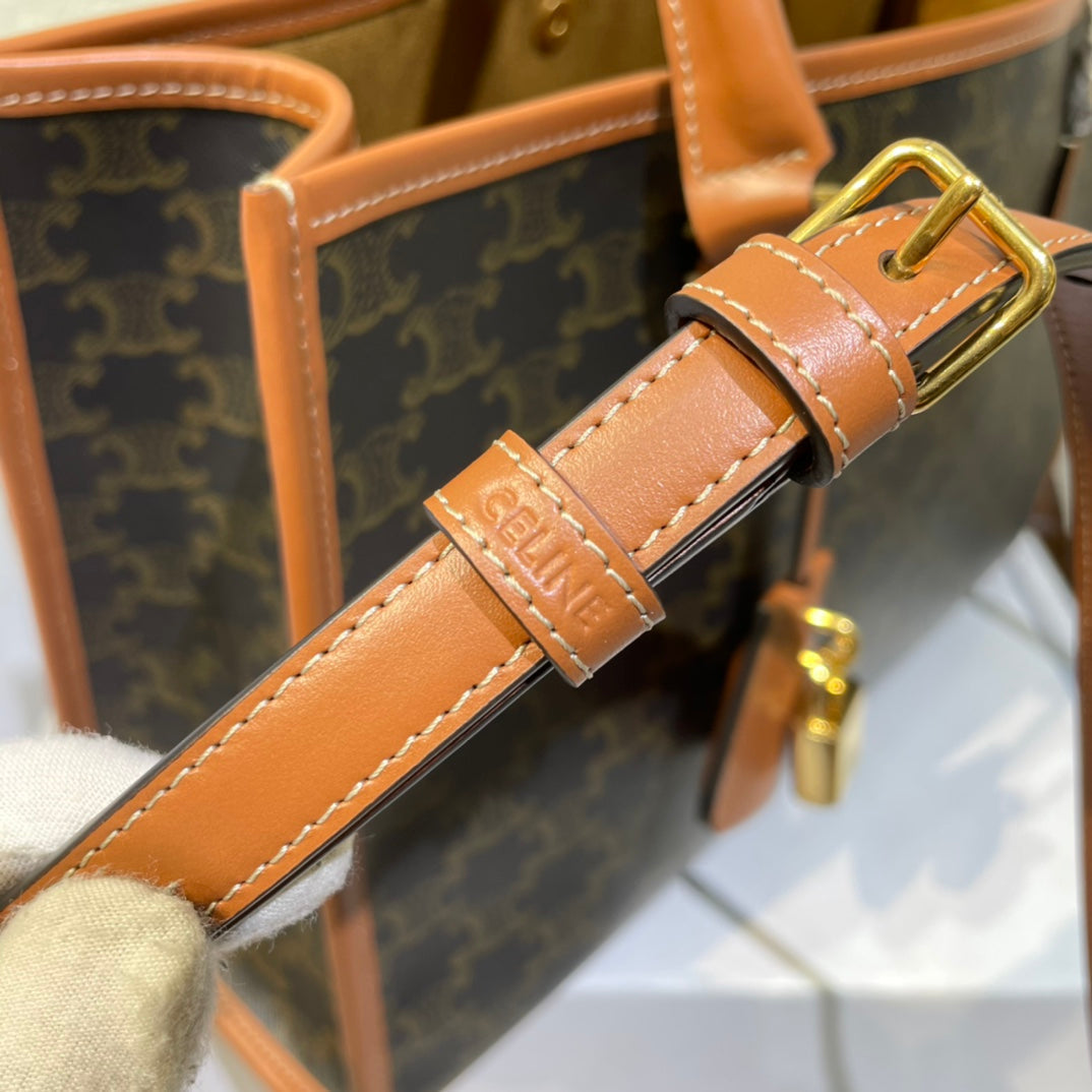 Celine 25S Horizontal Cabas 34mm in Black Triomphe Canvas and Brown Calfskin Bag