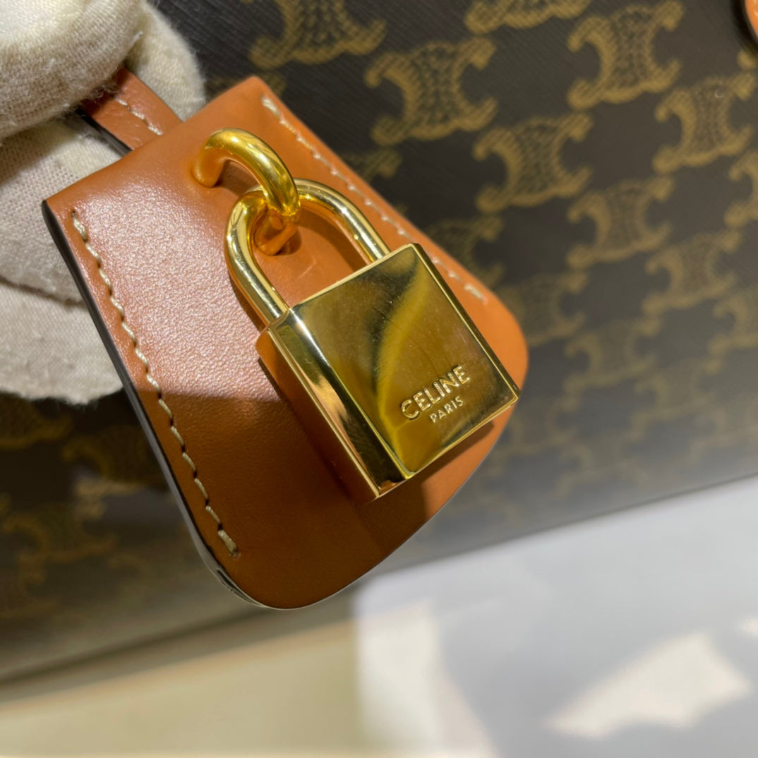 Celine 25S Horizontal Cabas 34mm in Black Triomphe Canvas and Brown Calfskin Bag