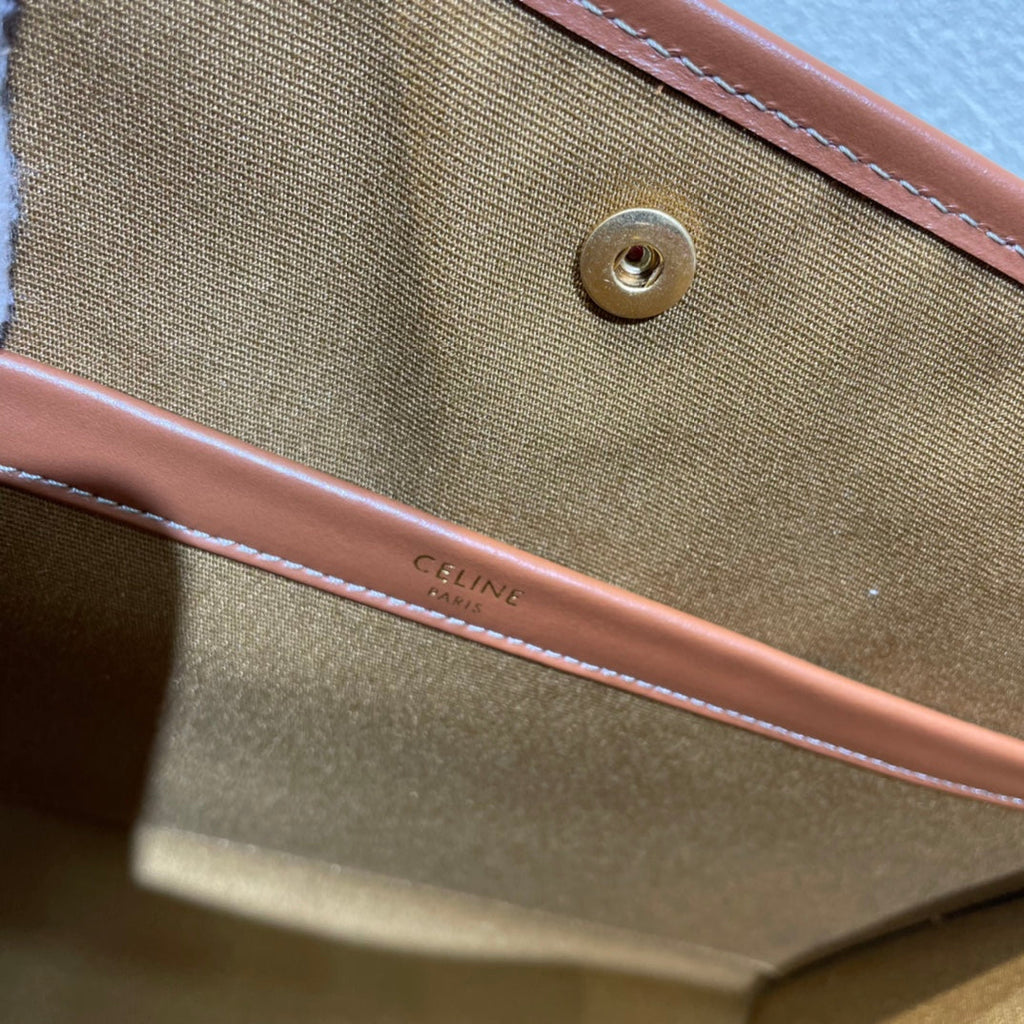 Celine 25S Horizontal Cabas 34mm in Black Triomphe Canvas and Brown Calfskin Bag