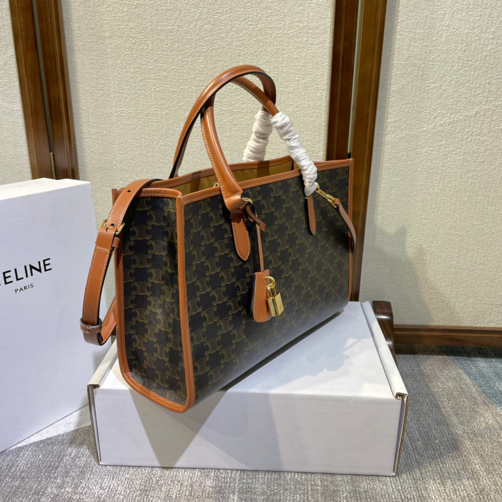 Celine 25S Horizontal Cabas 34mm in Black Triomphe Canvas and Brown Calfskin Bag