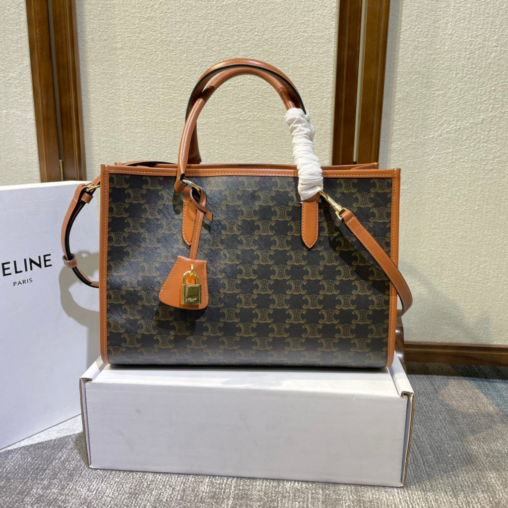Celine 25S Horizontal Cabas 34mm in Black Triomphe Canvas and Brown Calfskin Bag