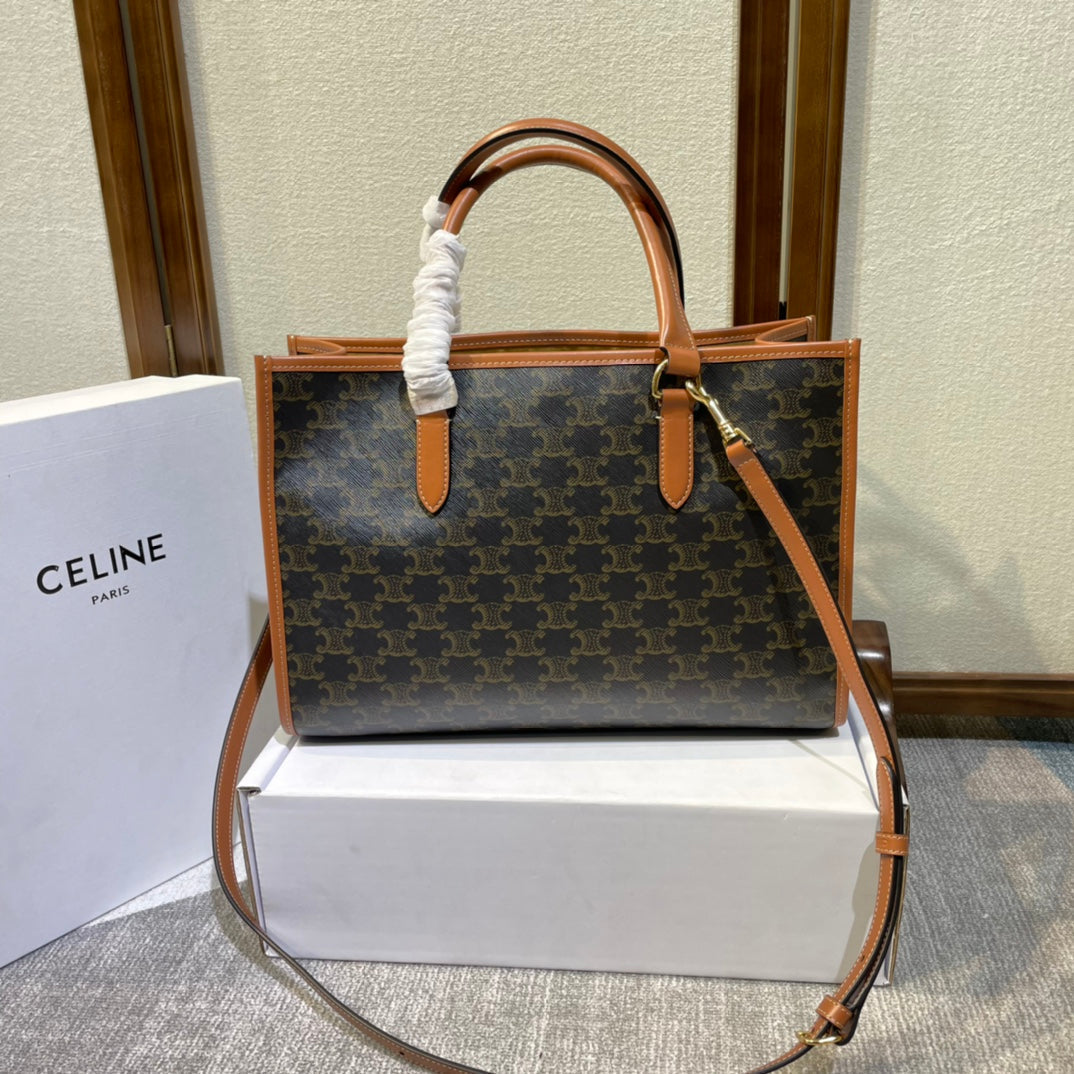 Celine 25S Horizontal Cabas 34mm in Black Triomphe Canvas and Brown Calfskin Bag