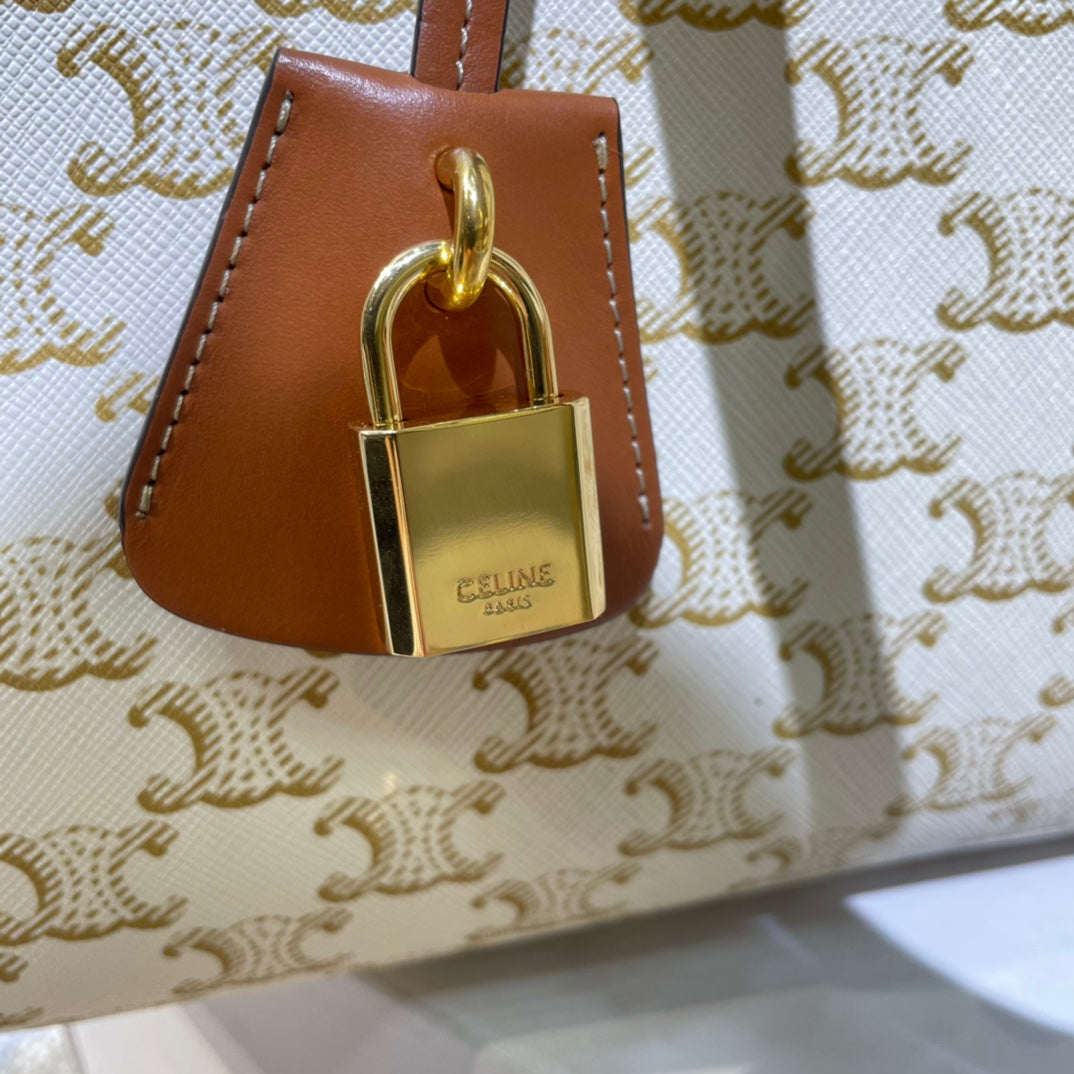 Celine 25S Horizontal Cabas 34mm in White Triomphe Canvas and Brown Calfskin Bag
