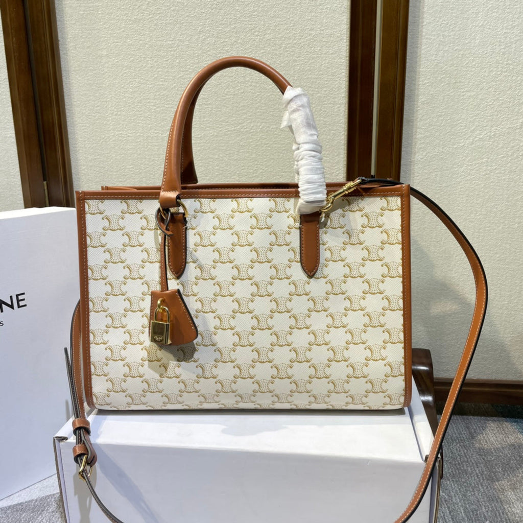 Celine 25S Horizontal Cabas 34mm in White Triomphe Canvas and Brown Calfskin Bag