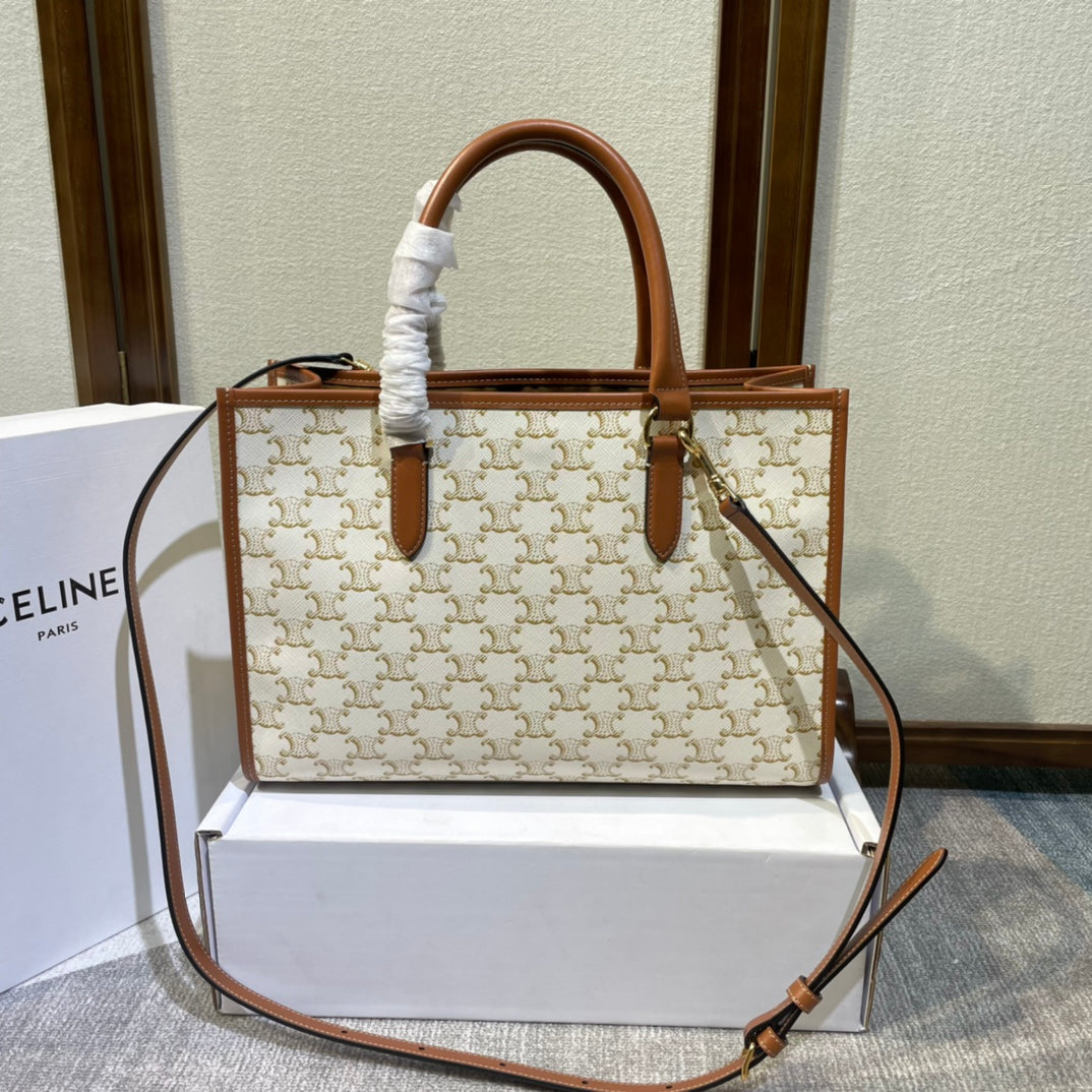 Celine 25S Horizontal Cabas 34mm in White Triomphe Canvas and Brown Calfskin Bag