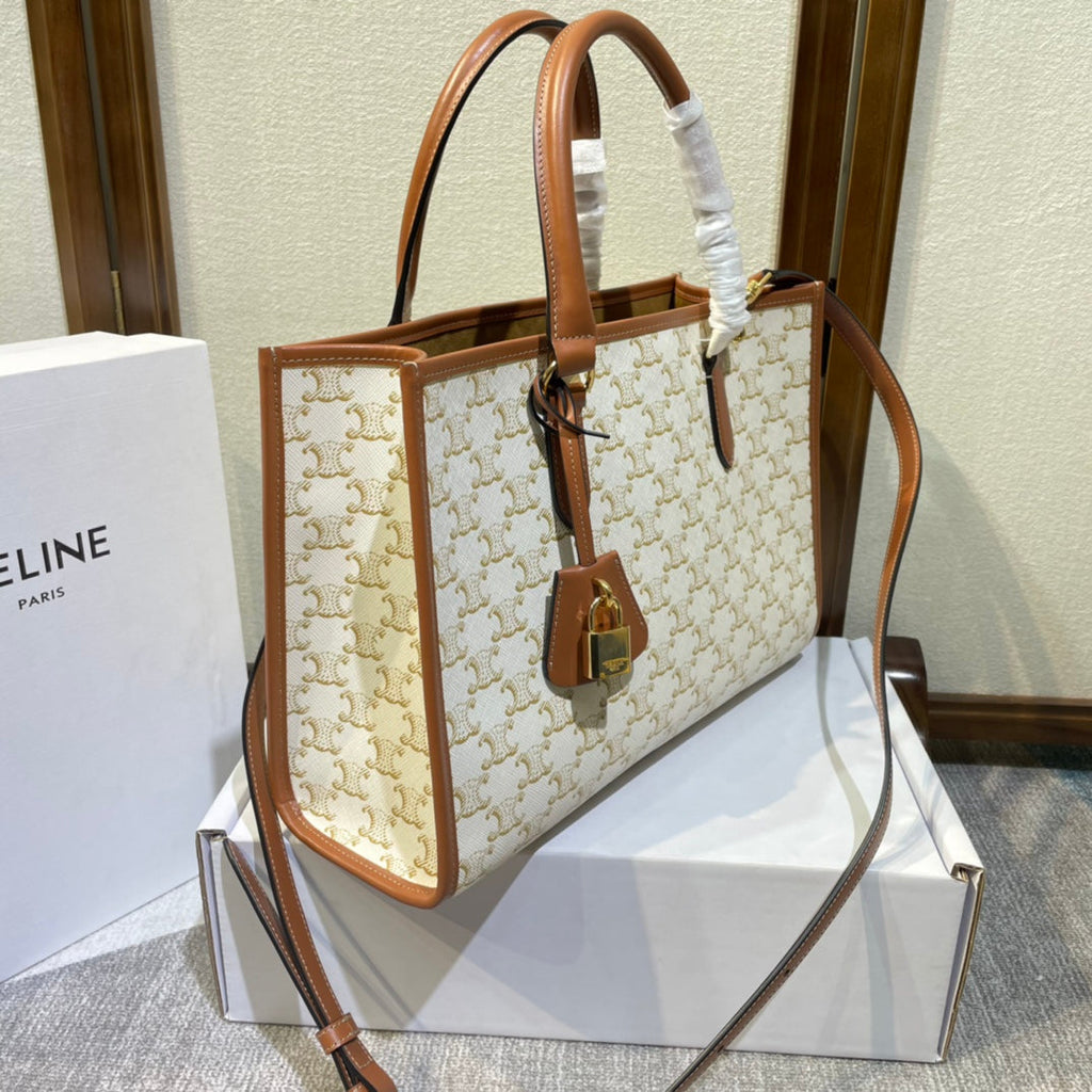 Celine 25S Horizontal Cabas 34mm in White Triomphe Canvas and Brown Calfskin Bag