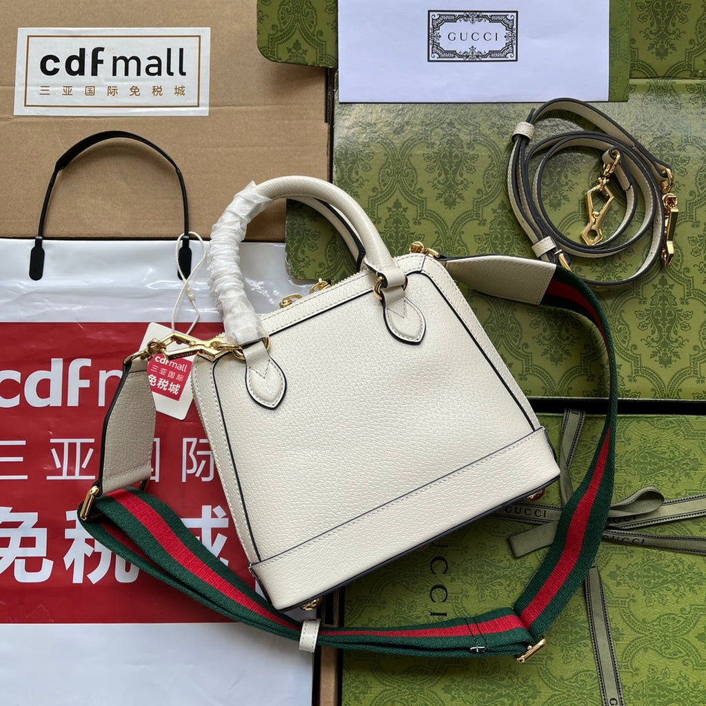 Gucci Xadidas Horsebit 1955 Tote Bag 20 with Web Strap in White Mix Black Calfskin Gold Hardware