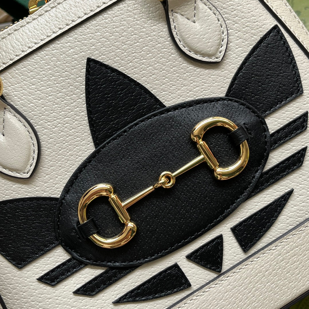 Gucci Xadidas Horsebit 1955 Tote Bag 20 with Web Strap in White Mix Black Calfskin Gold Hardware