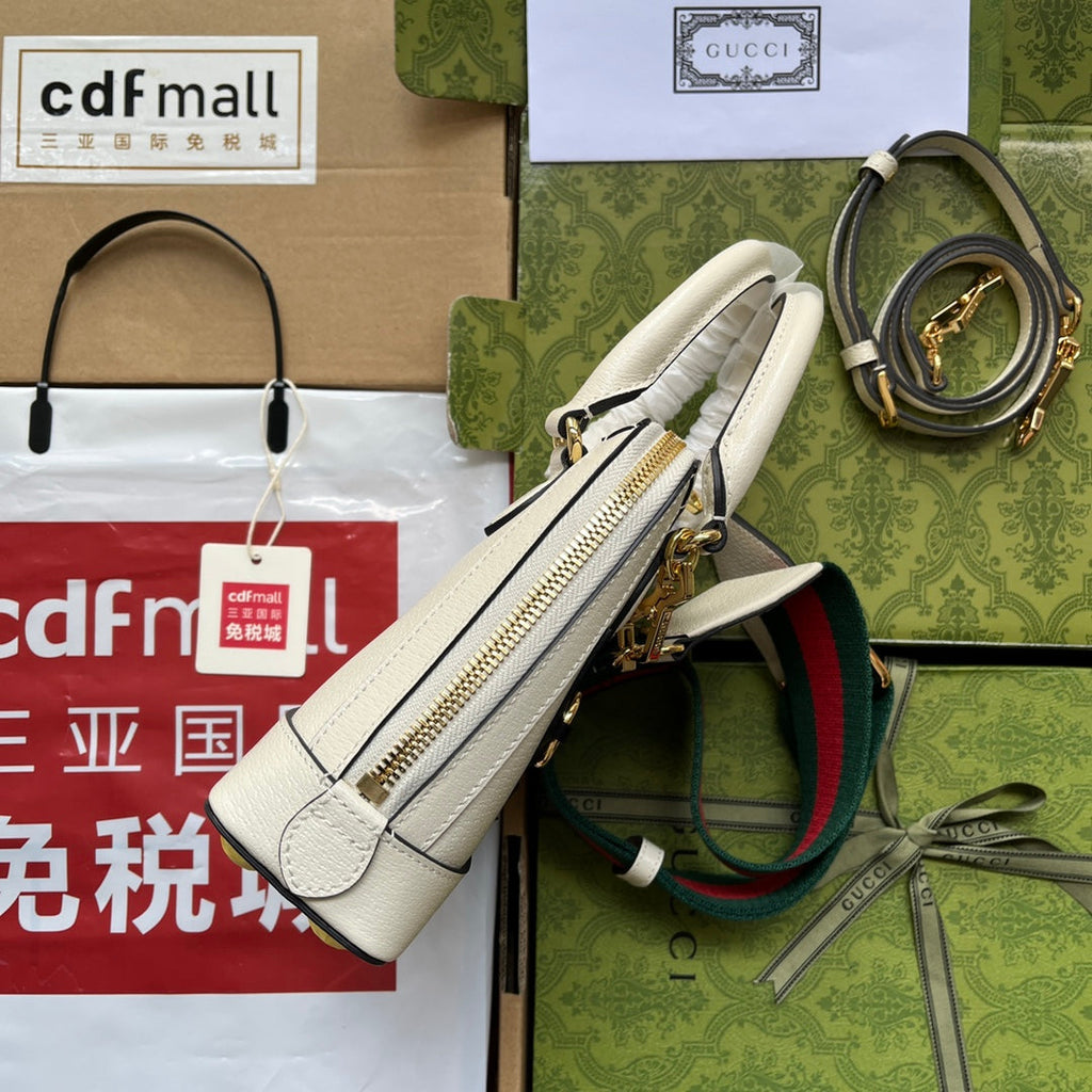 Gucci Xadidas Horsebit 1955 Tote Bag 20 with Web Strap in White Mix Black Calfskin Gold Hardware