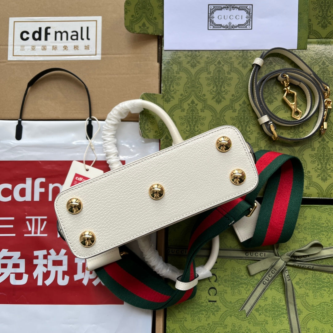 Gucci Xadidas Horsebit 1955 Tote Bag 20 with Web Strap in White Mix Black Calfskin Gold Hardware