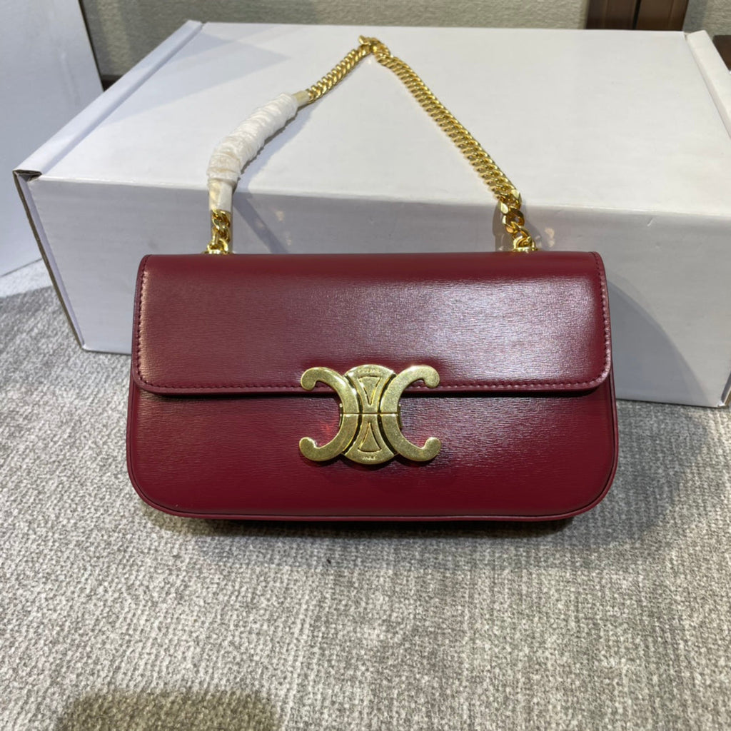 Celine Chain Embossed Armpit Bag 20 in Wine Red Calfskin