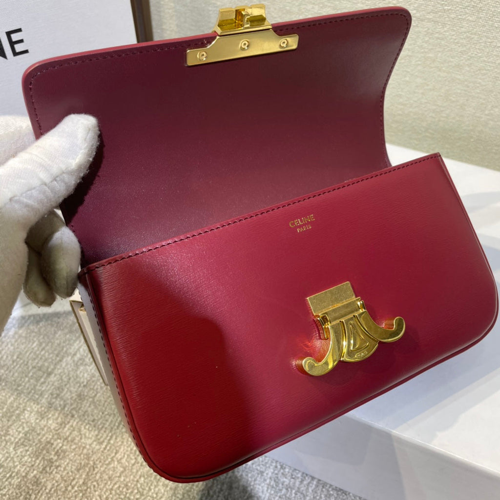 Celine Chain Embossed Armpit Bag 20 in Wine Red Calfskin
