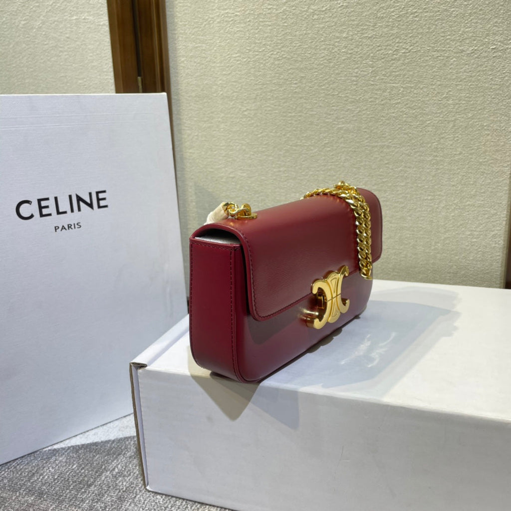 Celine Chain Embossed Armpit Bag 20 in Wine Red Calfskin