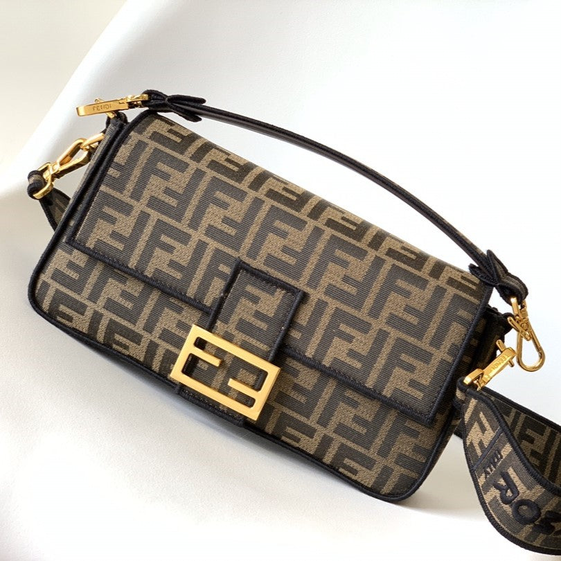 Fend Baguette 27 Brown Ff Jacquard Fabric Bag Ghw