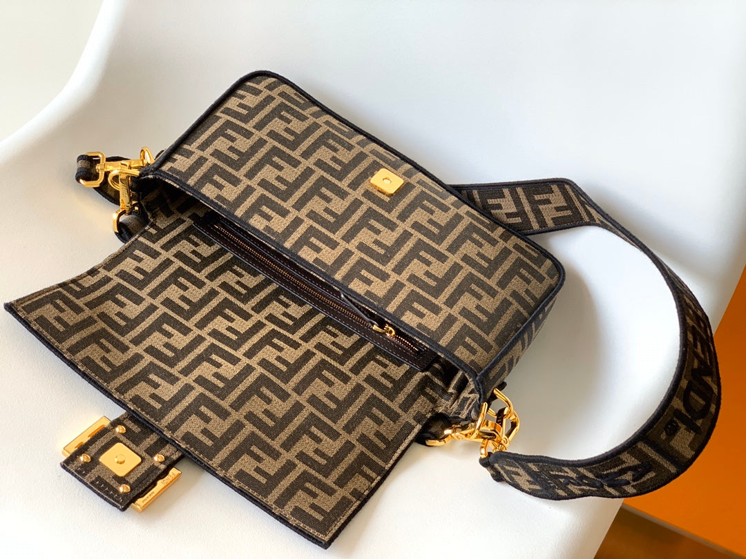 Fend Baguette 27 Brown Ff Jacquard Fabric Bag Ghw