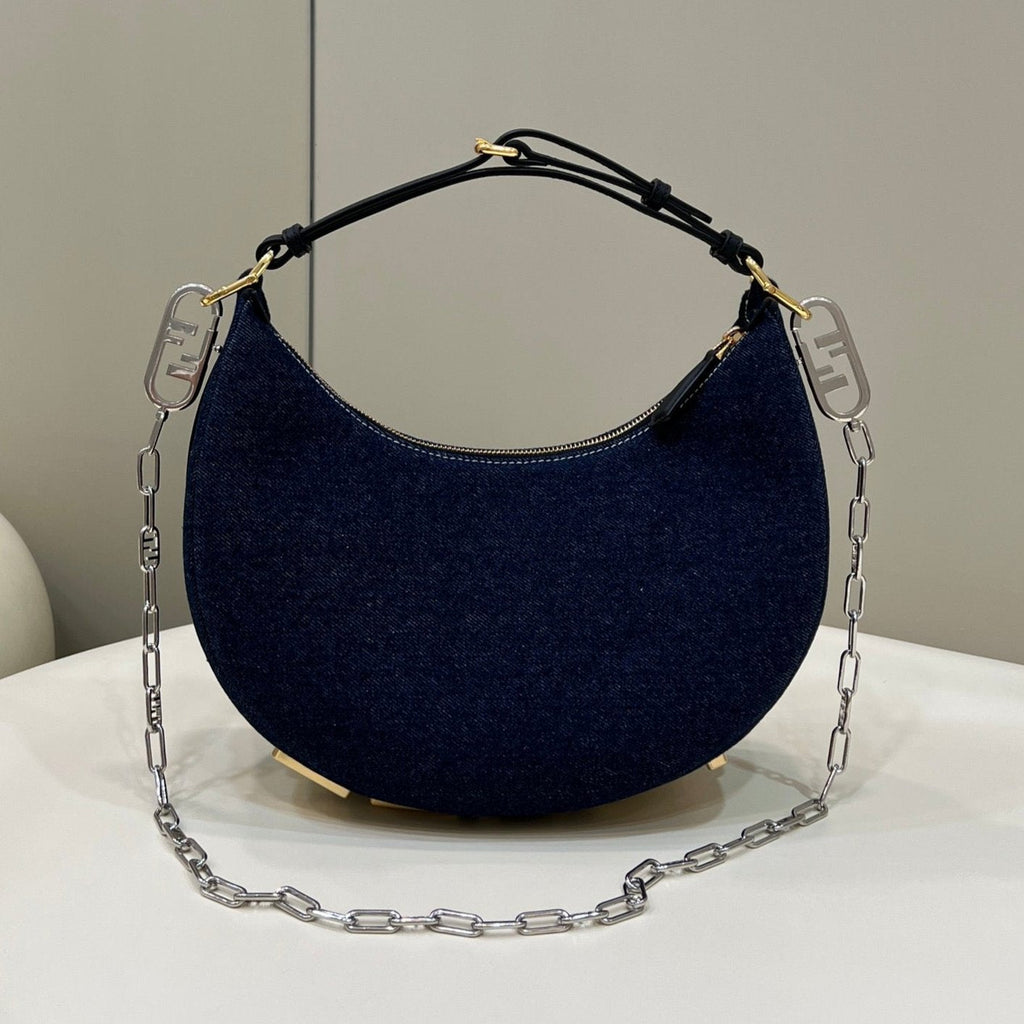Fendi Fendigraphy 29 Bag in Navy Blue Denim Fabric with Gold Hardware