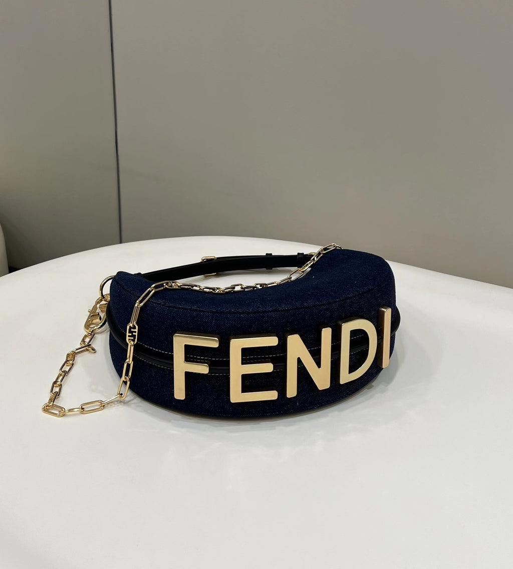 Fendi Fendigraphy 29 Bag in Navy Blue Denim Fabric with Gold Hardware