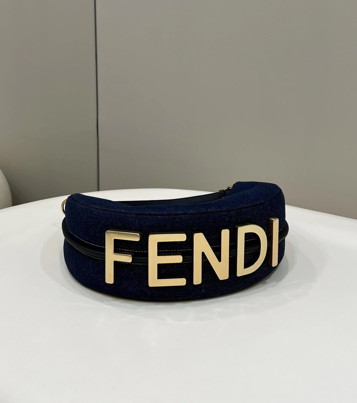 Fendi Fendigraphy 29 Bag in Navy Blue Denim Fabric with Gold Hardware