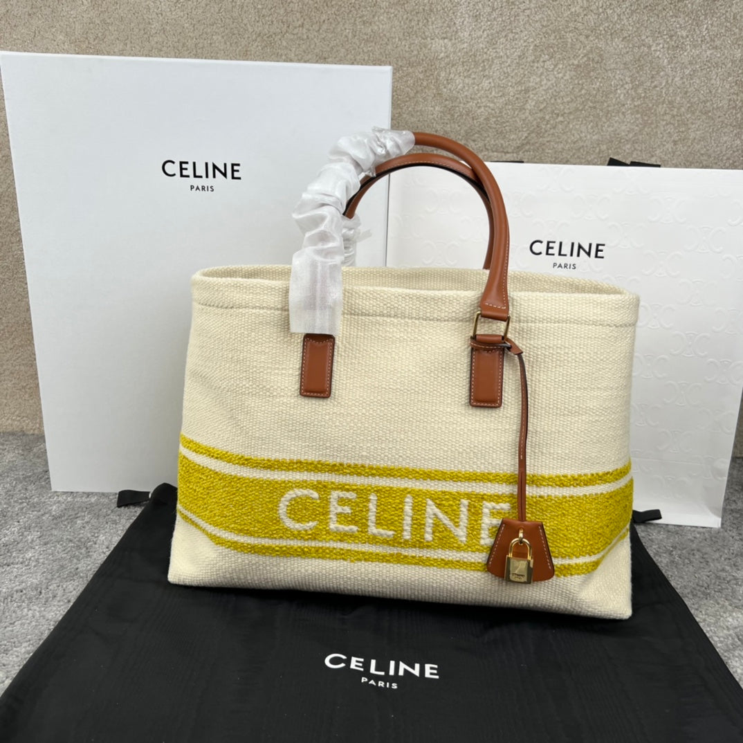 Celine Cabas 44 Printed Canvas White Yellow Tote