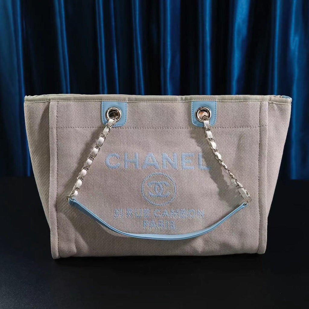 Chanel Deauville Large 39 Tote Bag in Beige Canvas with Light Blue Chain