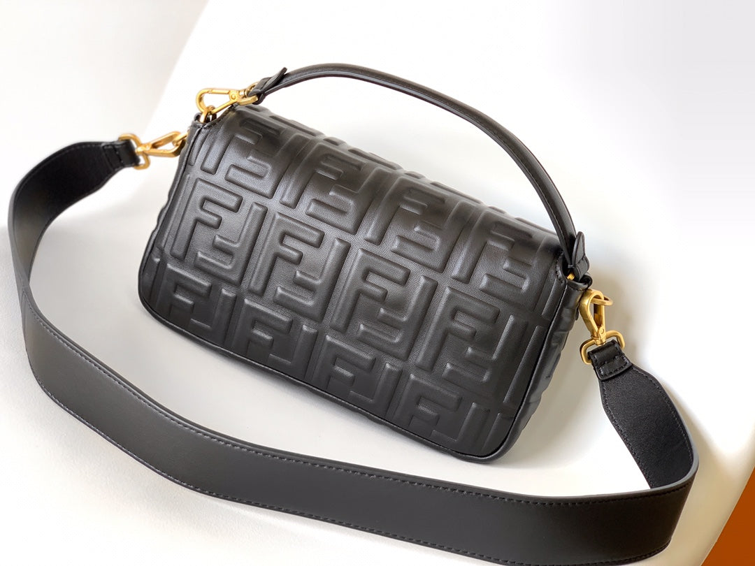 Fend Baguette 27 Bag with Ff Motif Black Leather Ghw