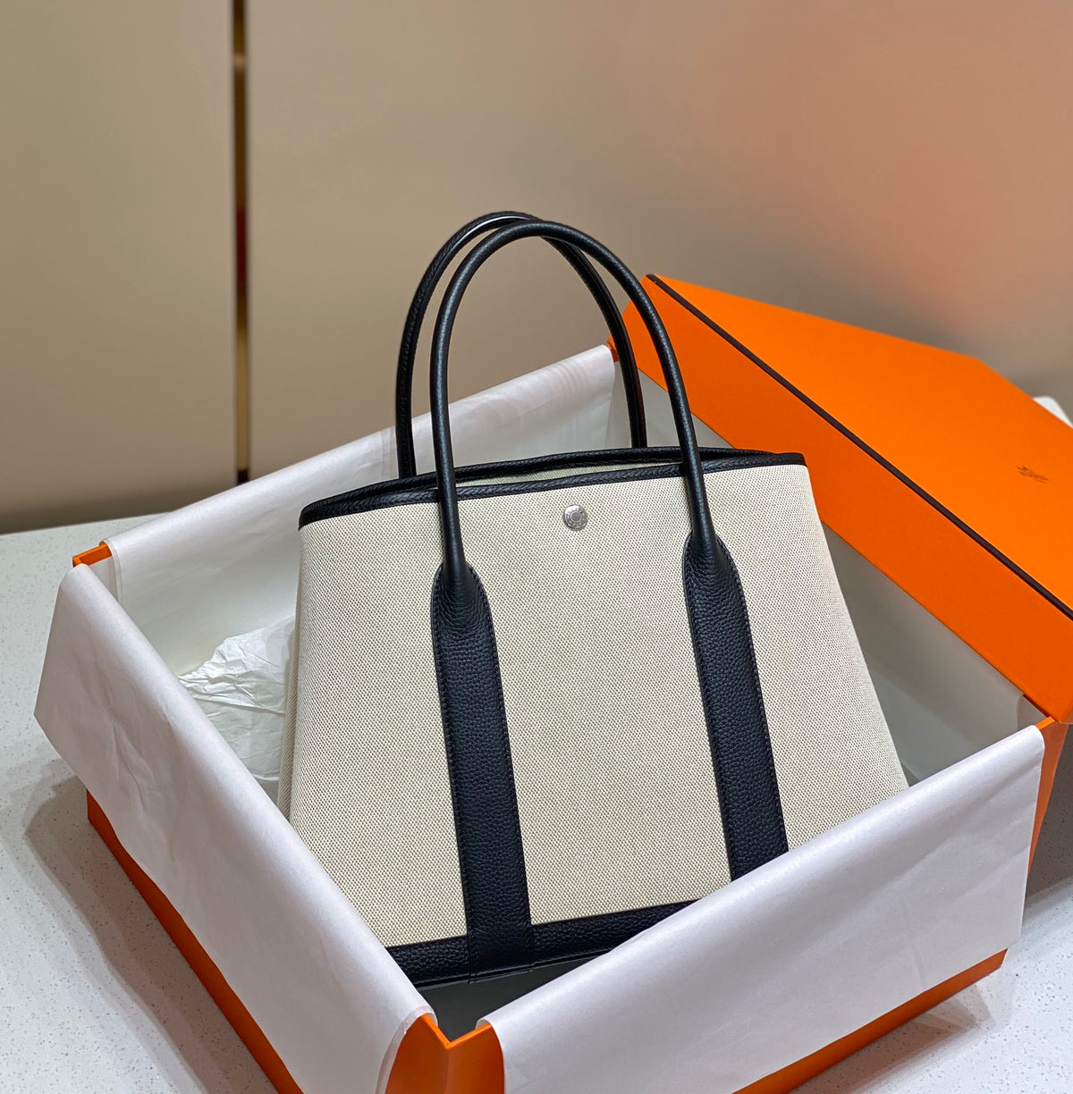 Hermes Garden Party 36cm in White Toilets Cotton Canvas and Black Calfskin Bag