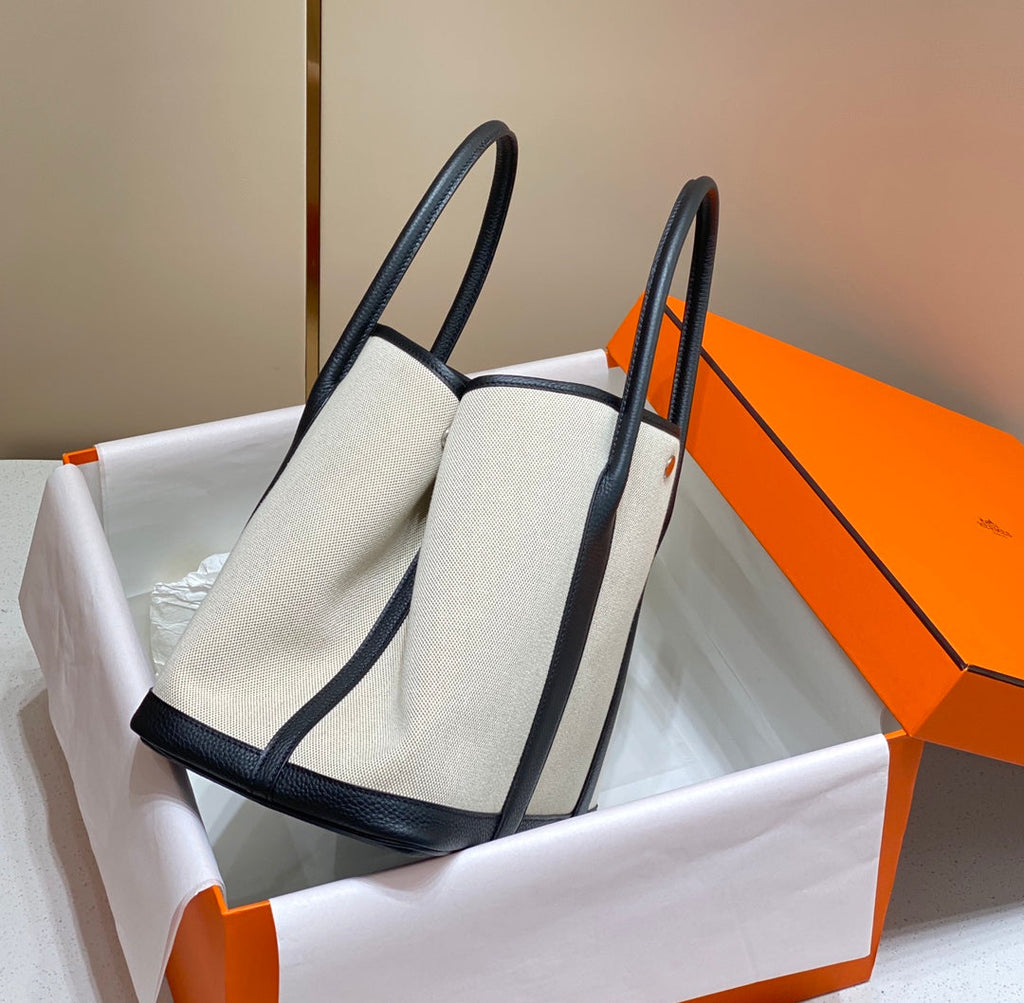 Hermes Garden Party 36cm in White Toilets Cotton Canvas and Black Calfskin Bag