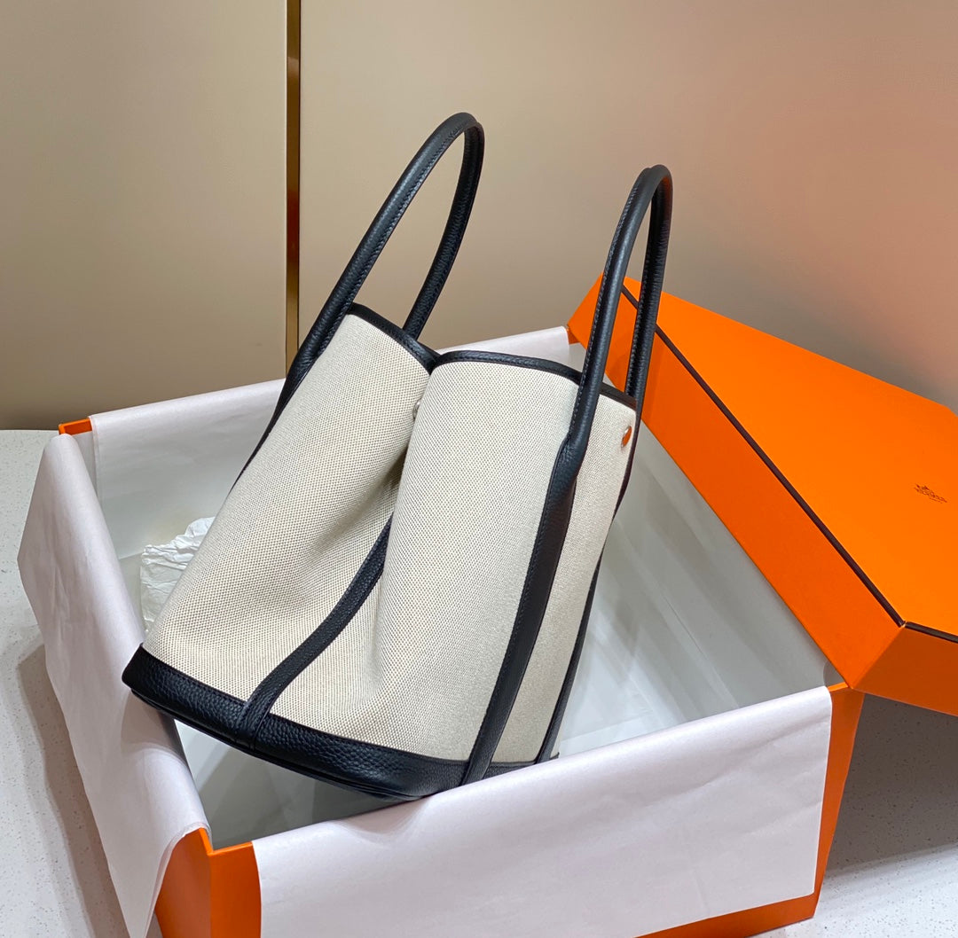Hermes Garden Party 36cm in White Toilets Cotton Canvas and Black Calfskin Bag