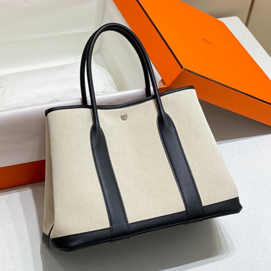 Hermes Garden Party 36cm in White Toilets Cotton Canvas and Black Calfskin Bag