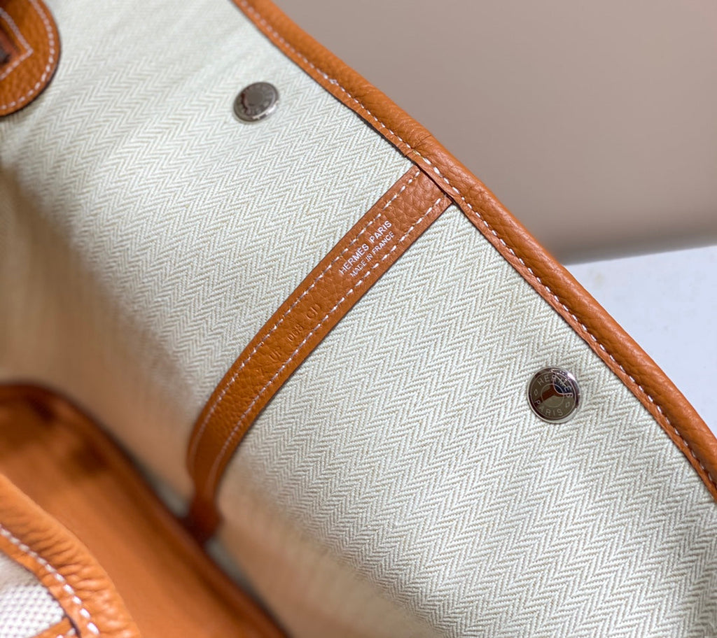 Hermes Garden Party 36cm in White Toilets Cotton Canvas and Brown Calfskin Bag