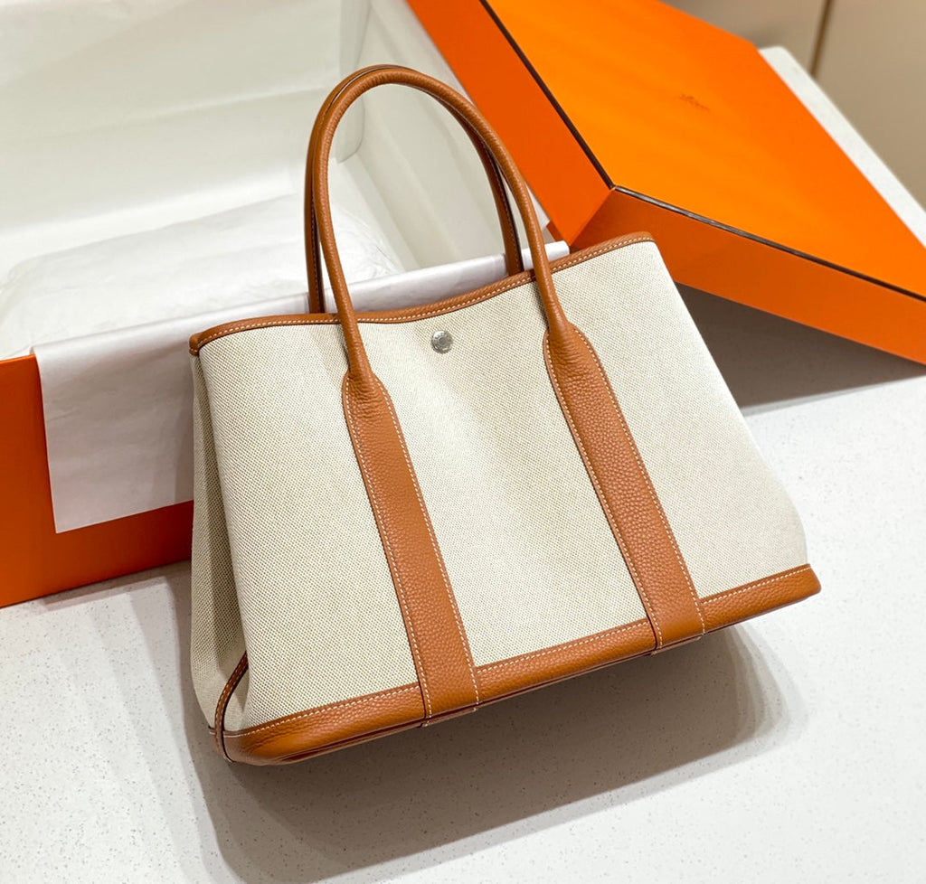 Hermes Garden Party 36cm in White Toilets Cotton Canvas and Brown Calfskin Bag